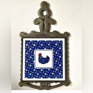 Vintage Cast Iron Trivet Ceramic Tile Hot Plate, Country Decor, Rooster/Chicken